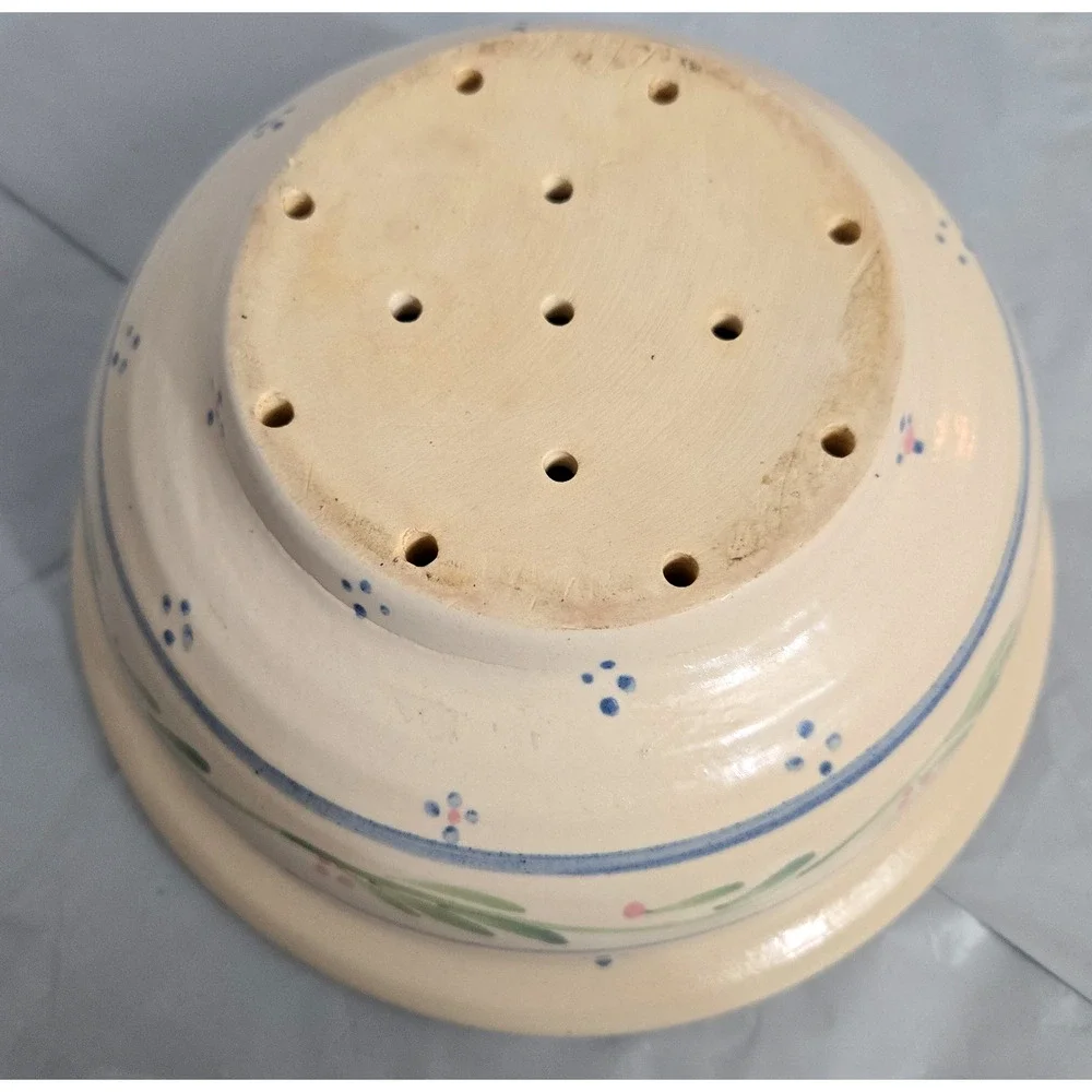 Ceramic Berry Colander Fruit Strainer Folk Art Design Whimsical Stoneware Shabby
